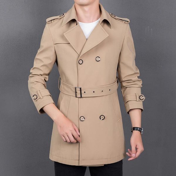 

men's trench coats justar medium length solid color double breasted european loose belt thin windbreaker coat, Tan;black