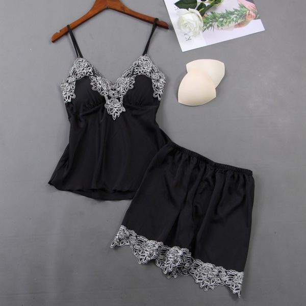 

2021 sleep lounge pajamas set satin sleepwear women summer pyjama flower silk pajamas for women with chest pads, Black;red