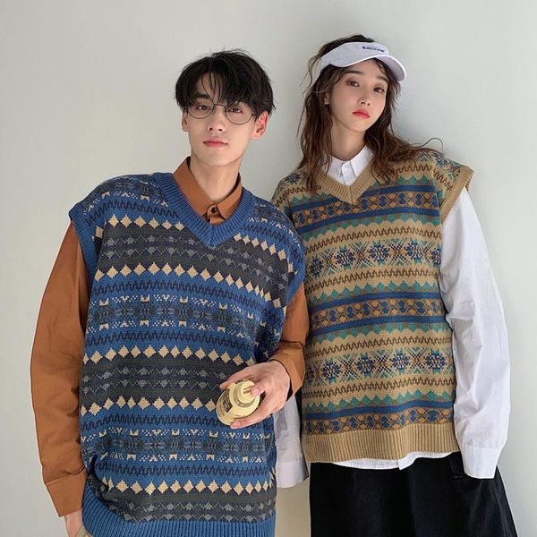 

men's vests sweater vest fashion retro casual v-neck knitted pullover men streetwear male clothes wild loose couple s-xl, Black;white