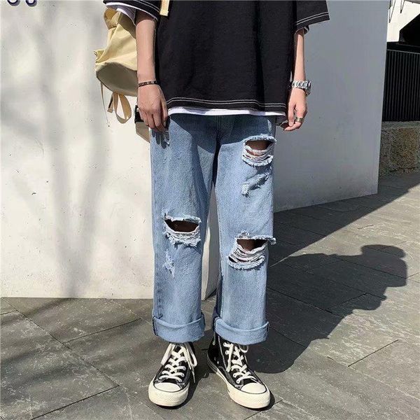 

men's jeans spring autumn ripped men casual loose washed blue denim pants thin streetwear hip-hop trend trousers s-3xl four seasons