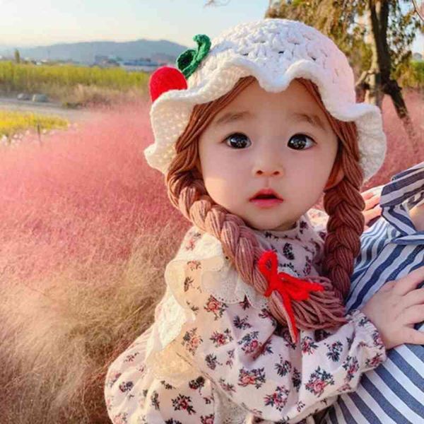 Arrivo Cute Baby Girl Cappello da secchio Capelli Treccia Treccia Cap Parrucca Inverno Caldo lavorato a maglia Bambini Bambini Ragazze Cappelli e berretti 210713