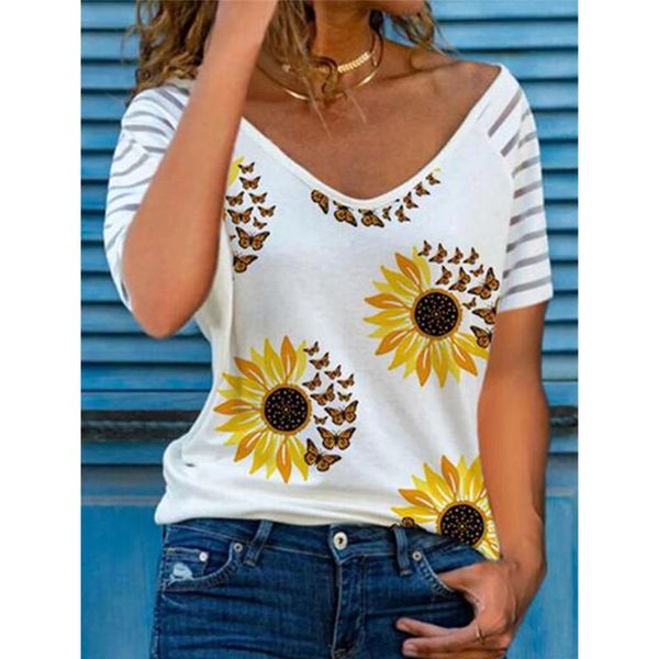 

women's t-shirt summer t-shirts women solid color v neck ladies loose casual t shirt floral printed oversized mujer 2021 fashion, White