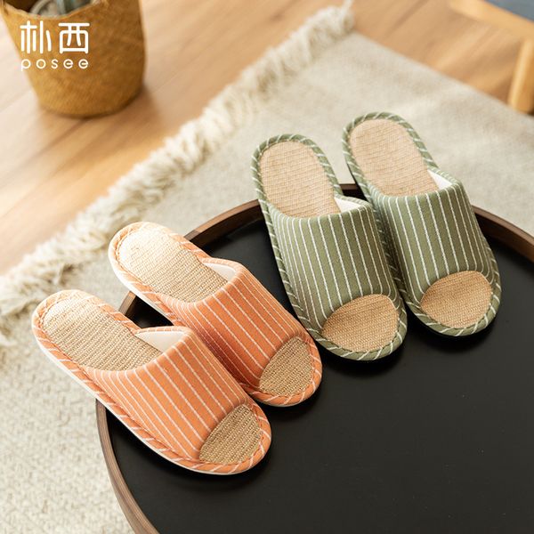 

puxi slippers home four seasons linen breathable antiskid men and women lovers indoor stripe new floor sandals, Black