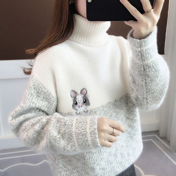 

women's sweaters autumn pullover turtleneck women winter velvet knitted loose thick 884t, White;black