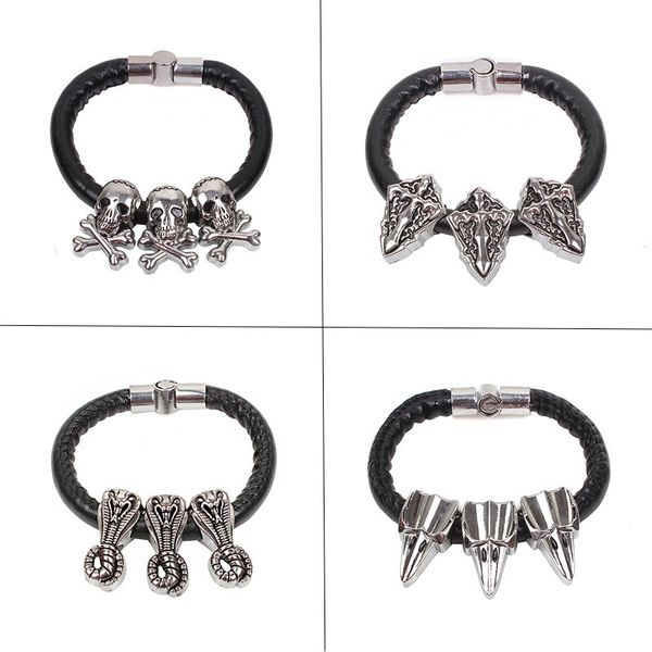 

qinuo new skull men's casual alloy pu soft leather bracelet trendy bracelet, Golden;silver