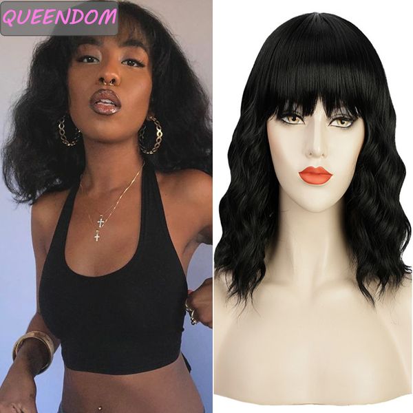 

black short wavy wig with bangs ombre synthetic bob wigs for women natural synthetic heat resistant cosplay fake hair wig brown