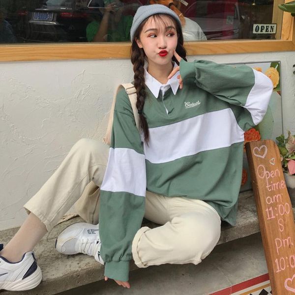 

women's t-shirt t-shirts women long sleeve striped loose letter embroidery students womens autumn turn-down collar harajuku college, White