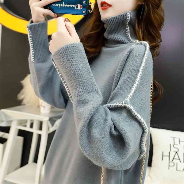 

winter sweater women's high-neck loose korean style lazy wind knitted bottoming shirt 210427, White;black
