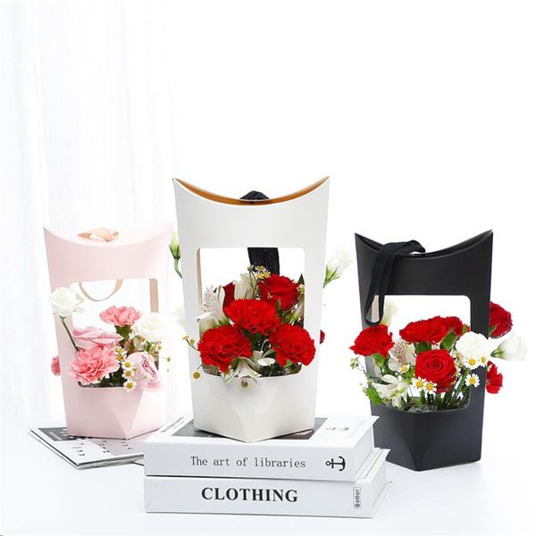 

storage baskets 5pcs/pack portable flower box waterproof paper handy gift bag kraft handbag wedding rose party