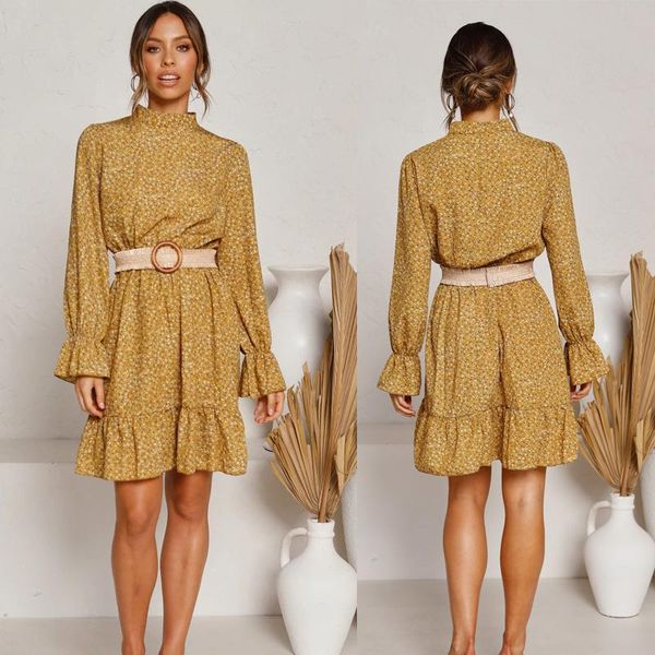 

sweet temperament women's printed long-sleeved ruffled yellow dress ladies bodycon retro beach mini female fashion dresses casual, Black;gray