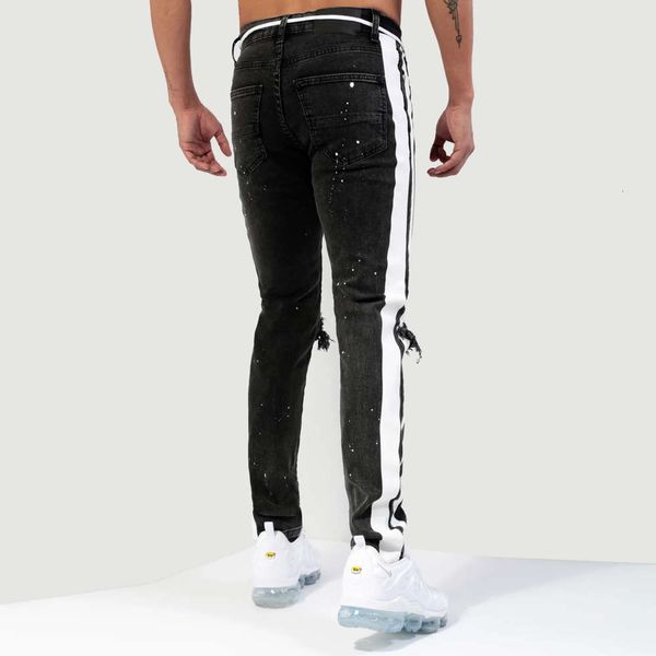 

stretch white dot hole leggings men's slim jeans, Black