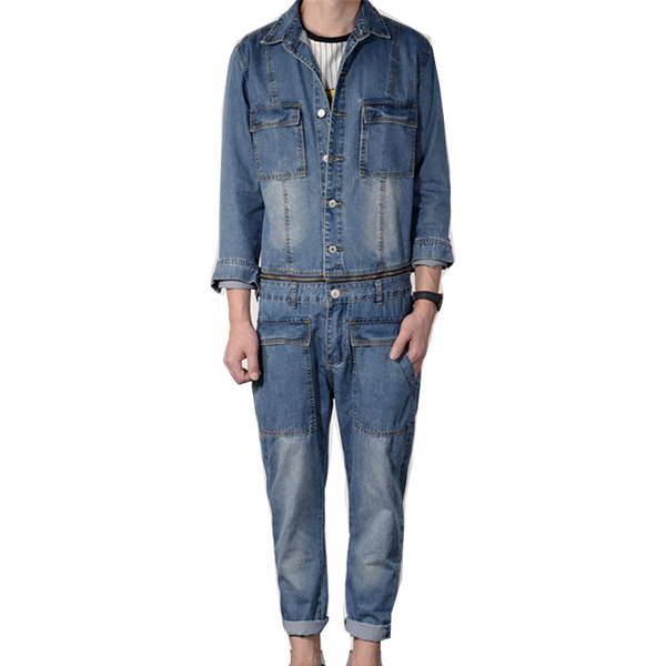 

men's jeans loose blue lapel denim jumpsuit long sleeve jacket hip-hop streetwear detachable waist casual pants