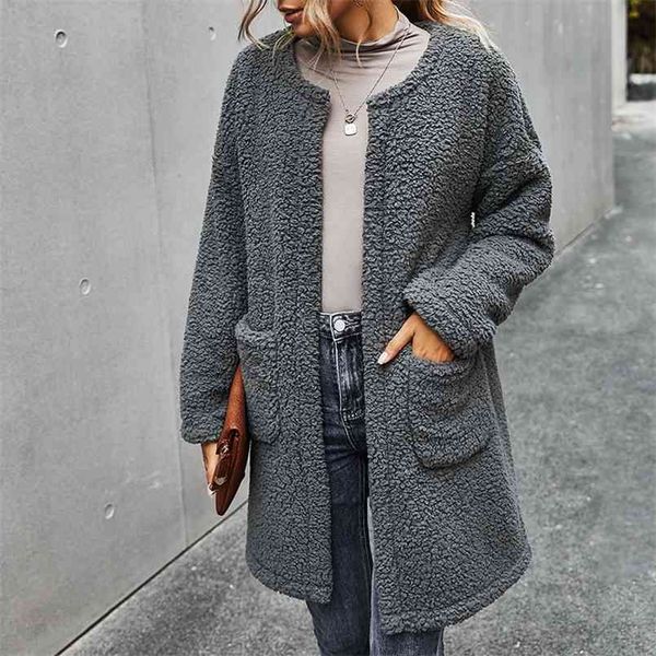 

autumn winter fashion women's fleece pocket jacket sweater fur coats thick plush cardigan jacket women full 210508, Black