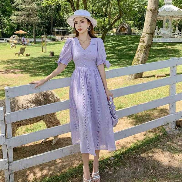 

hollow out white v neck bow lace summer dress women vacation beach puff sleeves long elegant 210520, Black;gray