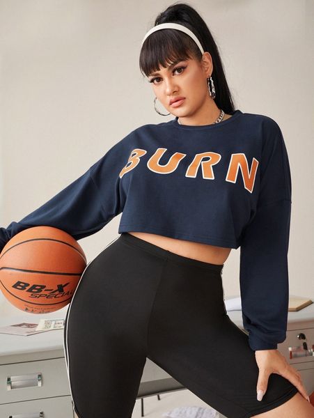 

plus letter print crop sweatshirt e82g#, Black