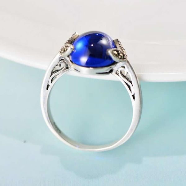 

cluster rings real s925 silver ring women blue stone engagement carved hollow flower, Golden;silver