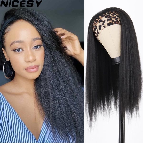 

synthetic wigs kinky straight headband yaki hair wig glueless in for black women machine made