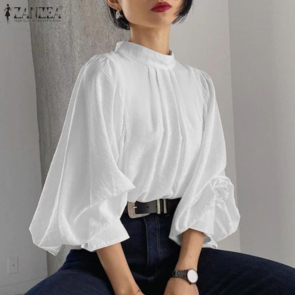 

women's blouses & shirts oversized office work chemise women vintage long puff sleeve blouse elegant solid o neck shirt female ol pla, White