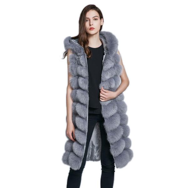 

women's fur & faux luxury lady real vest waistcoat autumn winter genuine women x-long gilet slim outerwear coats lf5120, Black