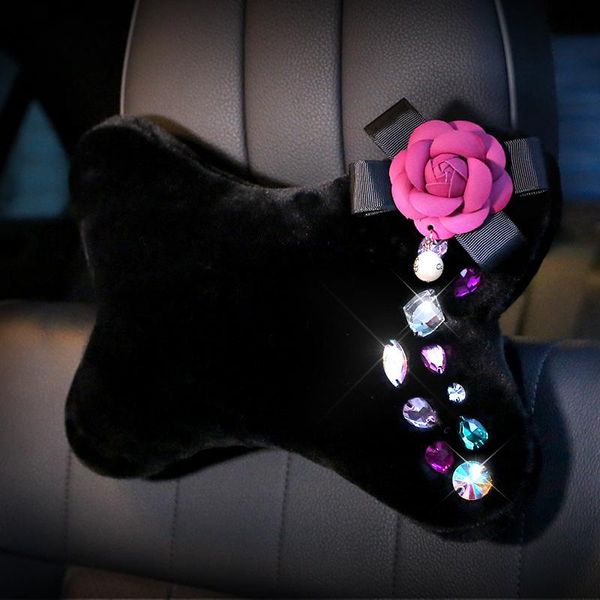 

seat cushions camellia flower crystal car headrest neck pillow plush auto waist lumbar support cushion interior accessories women