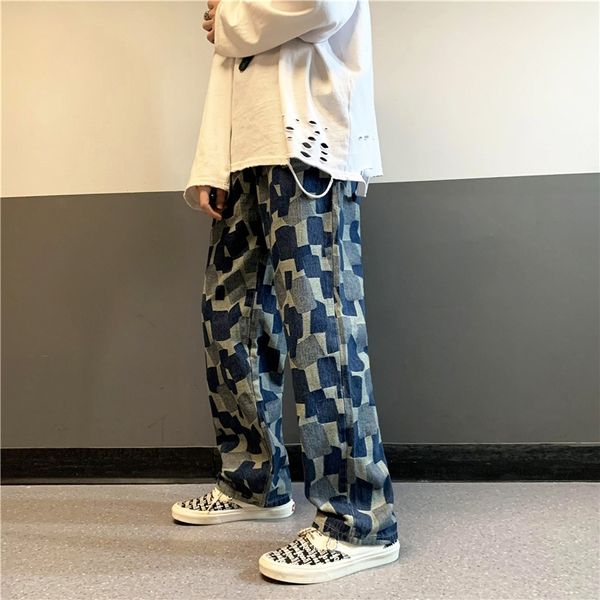 

by no means vulgar 2021 autumn new style pants high street fashion men's antique color matching jeans, Blue