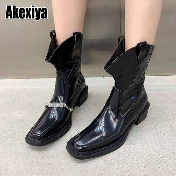 

boots 2021 autumn metal women ankle square head comfortable mid-heels thick heel zip booties women's shoes, Black
