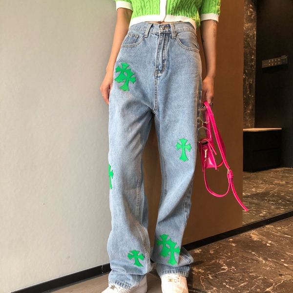 

women's jeans green color cross lagging high waist straight denim wide leg pants woman dyqr, Blue