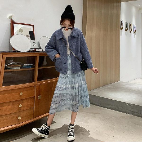 

women's jackets women coat autumn winter fashion lapel collar button with pocket concise casual loose solid blue ladies lamb wool jacke, Black;brown