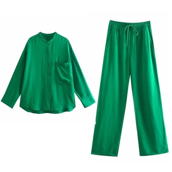 Abito da camicia allentato verde da donna casual Abito da donna a maniche lunghe solido moda primavera Completo da donna morbido 210515
