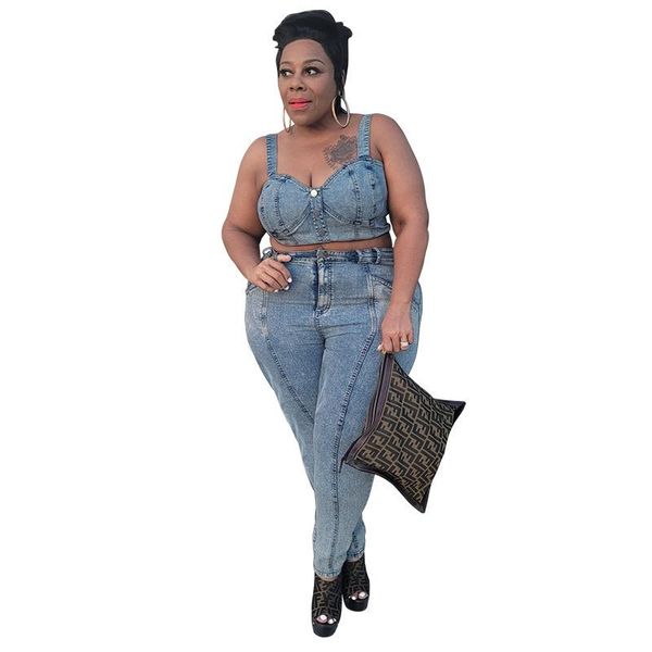 

women's two piece pants denim trousers jeans set with pockets solid outfits slim straps and suit high waist women sets, White