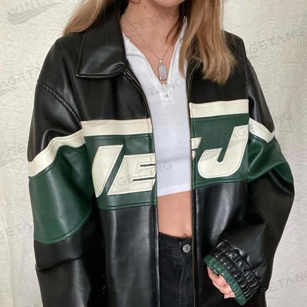 

women's jackets 2021 fall fashion retro and black stitched leather jacket letter style women, Black;brown