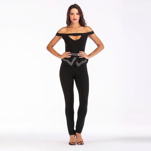 

women's jumpsuits & rompers halter fashion women hollow out empire celebrity bandage body con jumpsuit night club party wholesale, Black;white
