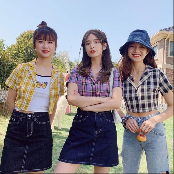 

womens shirt summer women plaid short sleeve blouse crop korean female casual turn down collar shirts, White