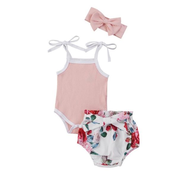 

clothing sets 0-12m 3pcs born baby girl clothes sleeveless sling jumpusuit +floral print shorts+bow headband outfits, White