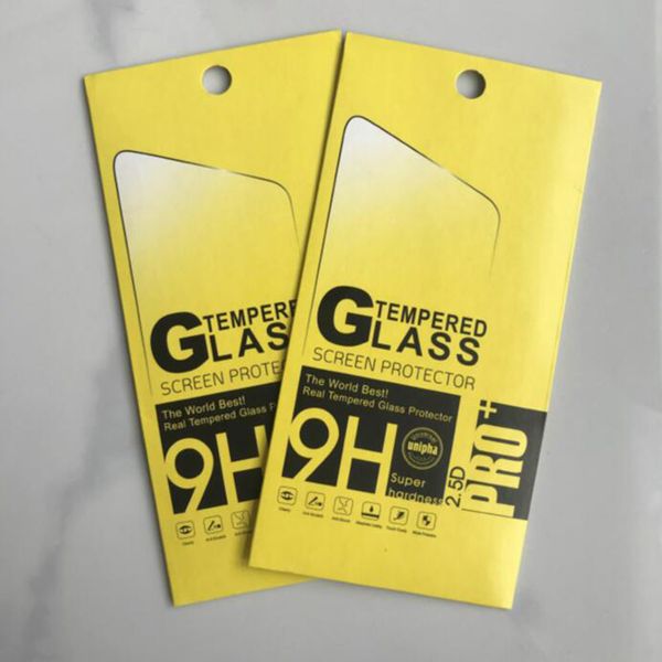 Universelle leere gelbe Papier-Einzelhandelsverpackung, Box-Tasche für Samsung-Smartphones, 9H-Displayschutzfolie aus gehärtetem Glas