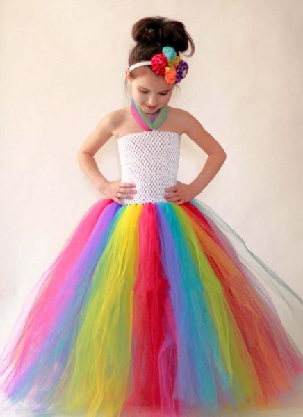 

girl's dresses girls rainbow tutu dress kids flowers baby crochet corset long tulle ball gown children wedding party, Red;yellow