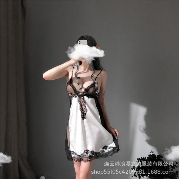 

suspender nightdr's imitation silk summer underwear pajamas lace transparent temptation suit, Red;black