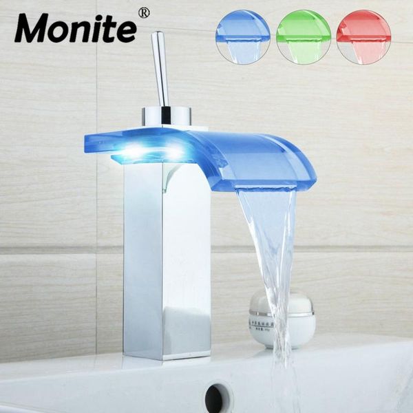 

bathroom sink faucets monite waterfall led basin faucet solid brass deck mounted tap chrome w/ glass spout mixer 1 handle