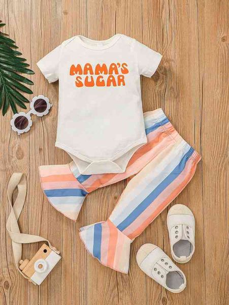 

baby letter graphic bodysuit & colorful striped flare leg pants she, Blue