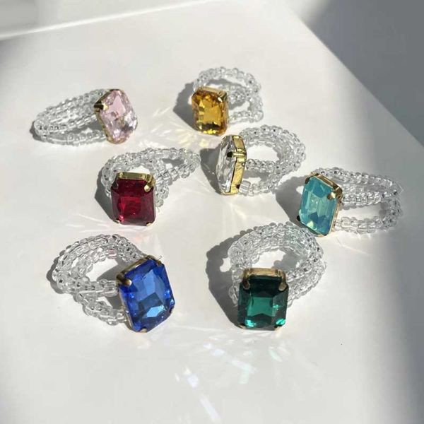 

transparent beaded geometric trendy square rhinestone colorful ring for women girls 2021 summer jewelry, Silver