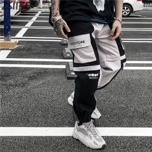 

men's pants multi pocekts color block patchwork cargo jogger men sweatpants 2021 hip hop fahion casual hipster streetwear, Black