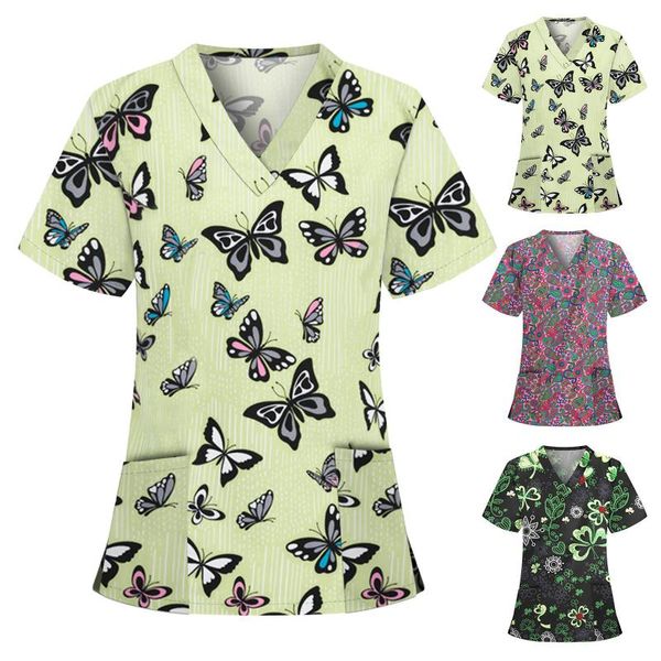 

women's t-shirt 40# enfermera women butterfly print t-shirts short sleeve v-neck nursing working uniform clothes, White