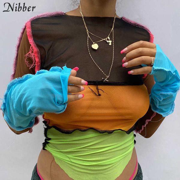 

autumn new patchwork design mesh long sleeve crop for women punk style see-through t-shirt street casual wear, White