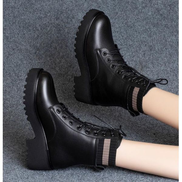 

boots martn women's mid-heel 2021 autumn winter shoes thick heel thick-soled british style short, Black