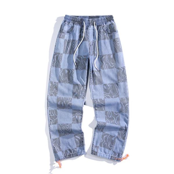 

men's jeans two styles men straight plaid print ins france loose pants male high street personal leisure comfortable trousers, Blue