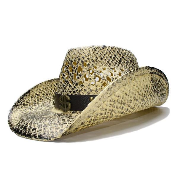 

cloches luckylianji retro women's men's summer straw beach wide brim cowboy western cowgirl hat hollow dollar sign leather band(ad, Blue;gray