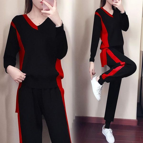 

women's two piece pants 2021 women sweater casual knitted stitching sweaters 2pcs track suits woman + trousers clothing set, White