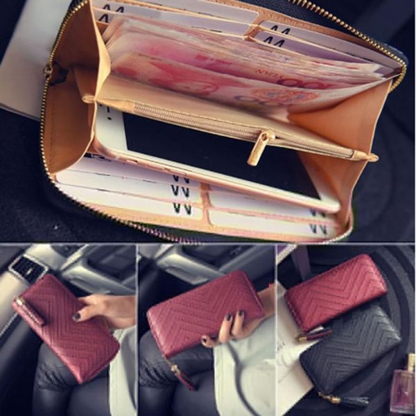 

women long wallet lady leather clutch handbag checkbook purse tassel, Red;black