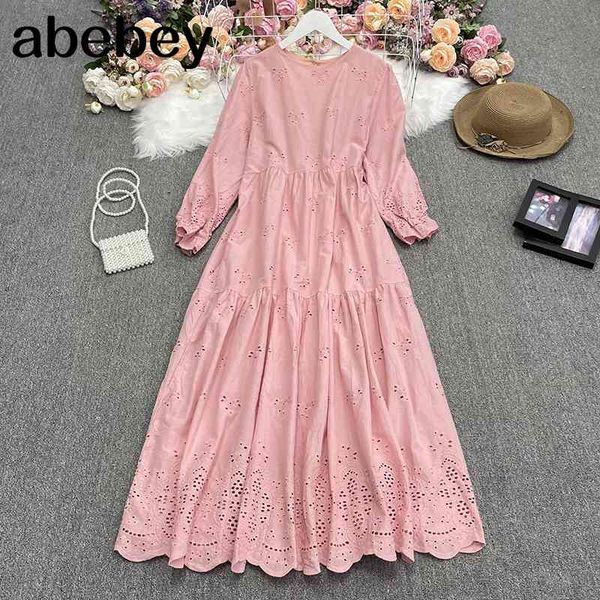 

spring fashion all-match o-neck long sleeve dress high waist slim hollow out lace solid 210512, Black;gray