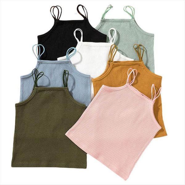 

girls vest summer childrens solid color ribbed sling tight sleeveless shirt camisole for kids daily wear, Blue